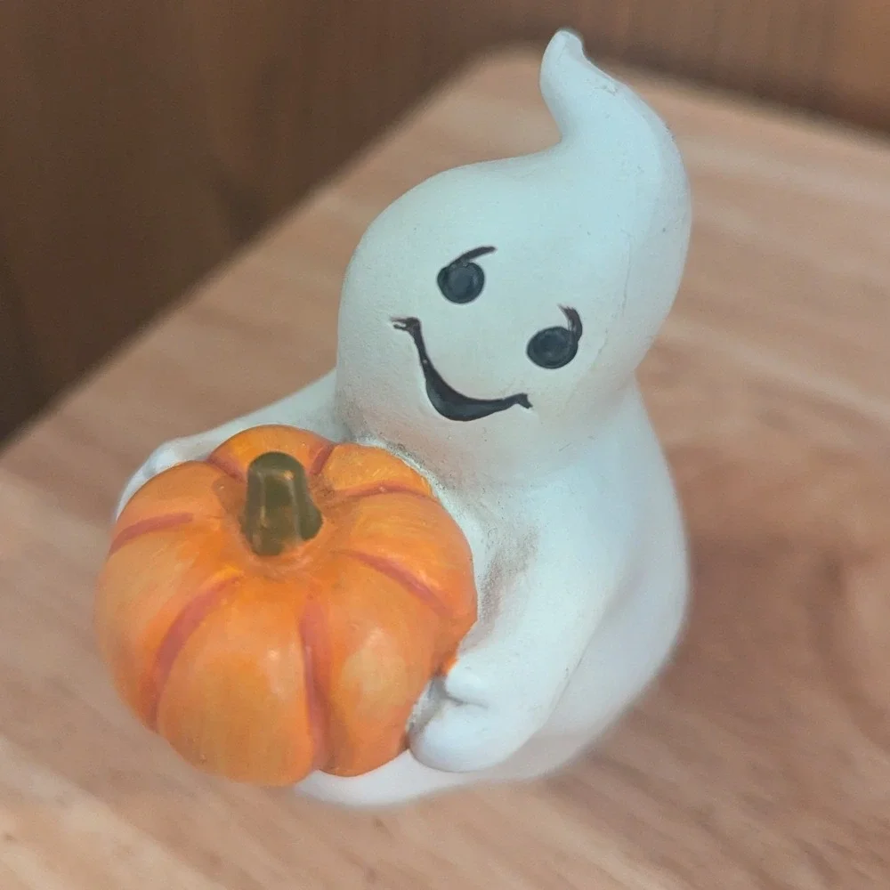 VTG Halloween Ghost Figurine w/ Pumpkin Small Spooky Seasonal Decor White Orange